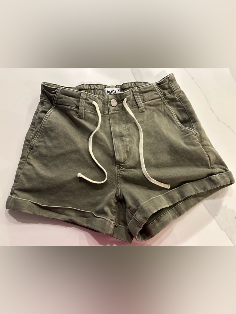 PAIGE Christy Olive Drawstring High-Waist Cotton Shorts